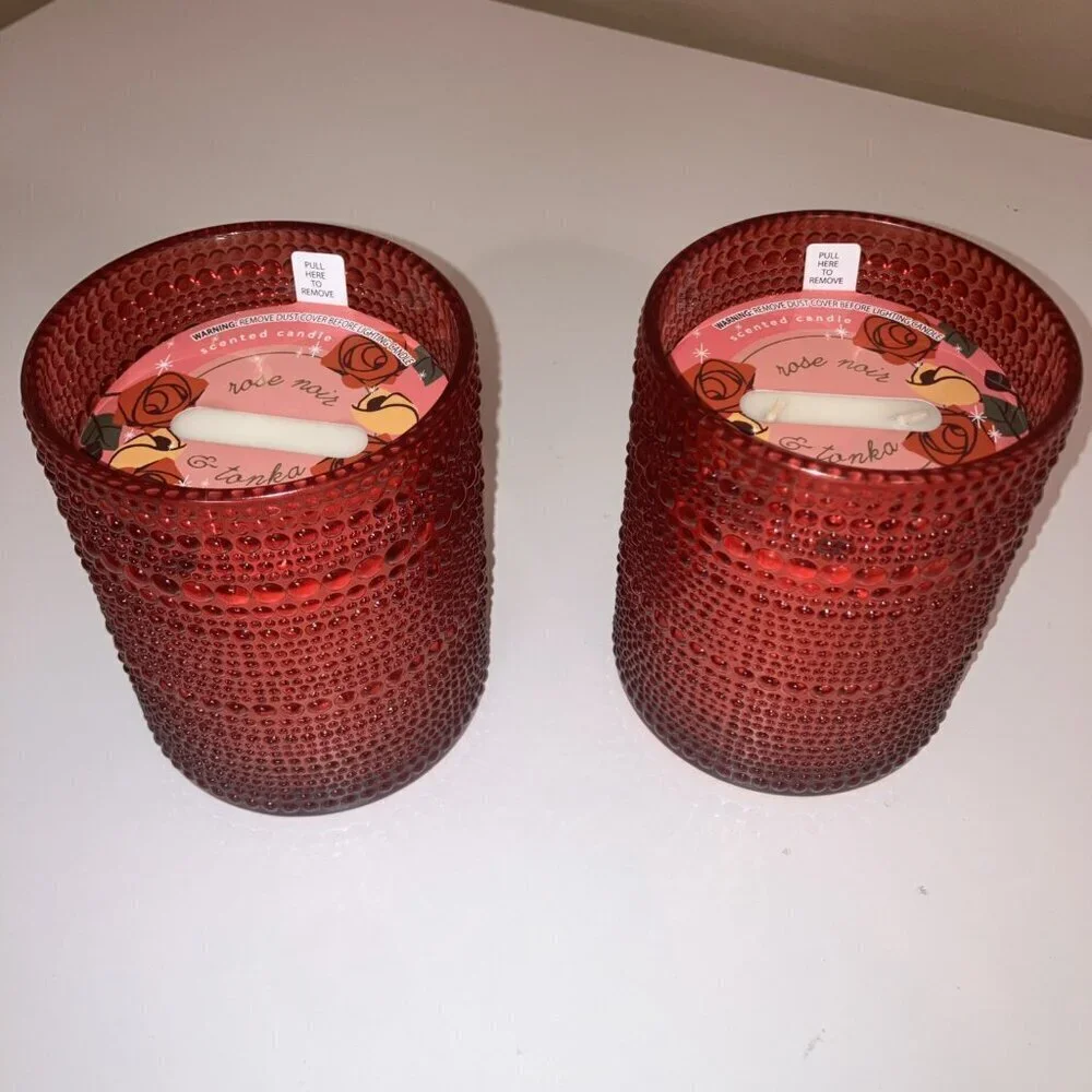 Rose Noir & Tonka Red Detailed Glass Candle Set Of 2 16oz Each Candle